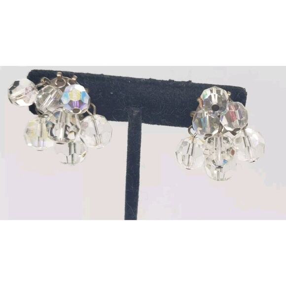 Vintage Earrings Clip Clear Faceted AB Crystal Dangle 1950 Fancy cha Cha Moves - Picture 2 of 10